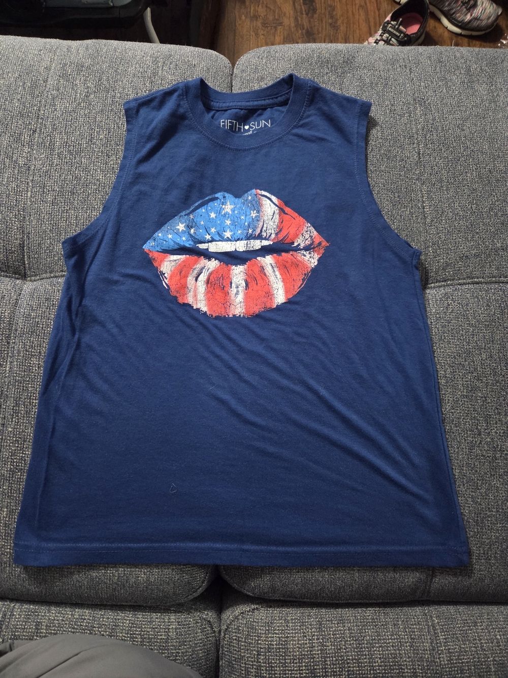 Fifth Sun Navy Muscle Tee with American Flag Lip Graphic